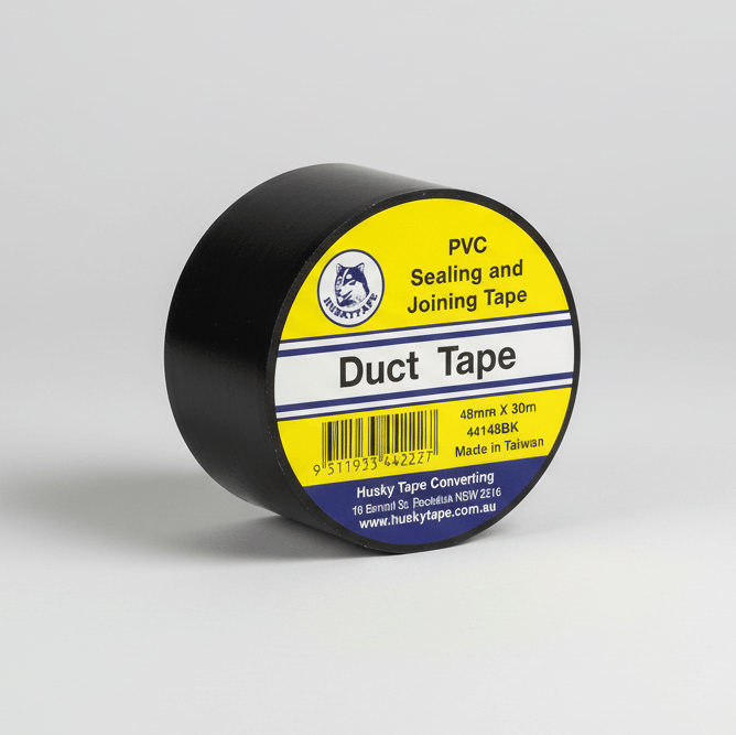 A roll of black duct tape with yellow and white labeling that includes the text 'Duct Tape', 'PVC Sealing and Joining Tape', and the brand 'Husky Tape'. The product code and size are also visible. A roll of black duct tape with yellow and white labeling that includes the text 'Duct Tape', 'PVC Sealing and Joining Tape', and the brand 'Husky Tape'. The product code and size are also visible.