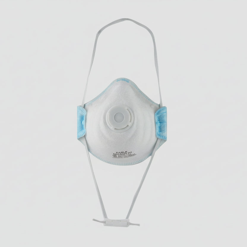 A white P2 respirator with a gray adjustable headband A white P2 respirator with a gray adjustable headband