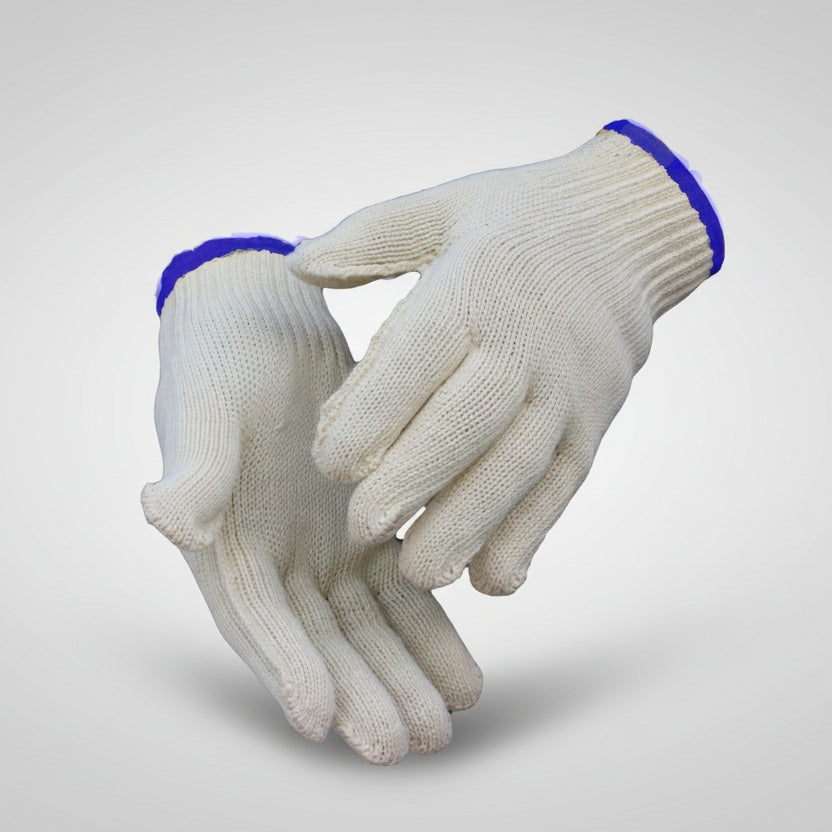 Pair of white gloves with blue cuffs on a white background Pair of white gloves with blue cuffs on a white background