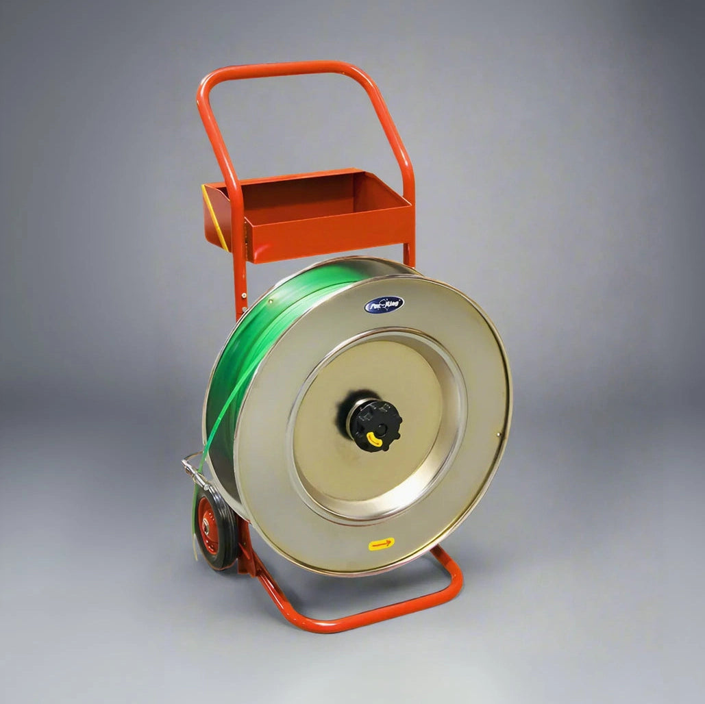 A trolley dispenser for PET strapping, featuring a large wheel with the strapping, mounted on a red and orange metal trolley with a handle. A trolley dispenser for PET strapping, featuring a large wheel with the strapping, mounted on a red and orange metal trolley with a handle.