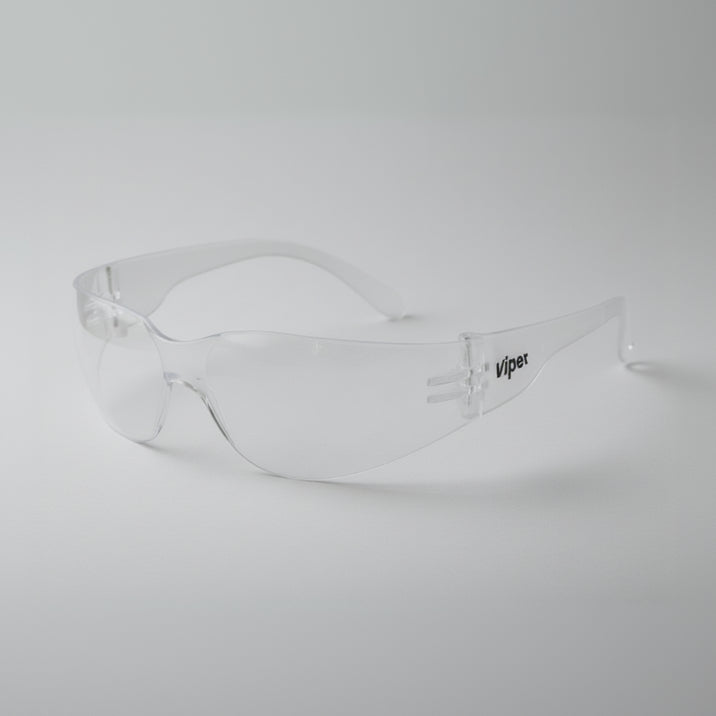 Clear safety goggles with 'Viper' branding on a gray background Clear safety goggles with 'Viper' branding on a gray background