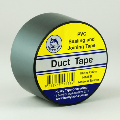 Roll of duct tape with a yellow label on a white background