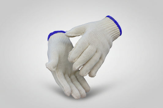 Pair of white gloves with blue cuffs on a white background